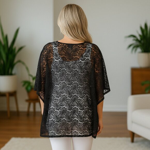 NEW Womens Christmas Black Lace Top, Paisley See Through Elegant Kimono - Picture 2 of 8
